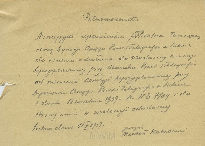 KKE 5511.jpg - Dok. Pełnomocnictwo od Michała Katkowskiego dla Tarasiuka, Wilno, 11 V 1939 r.